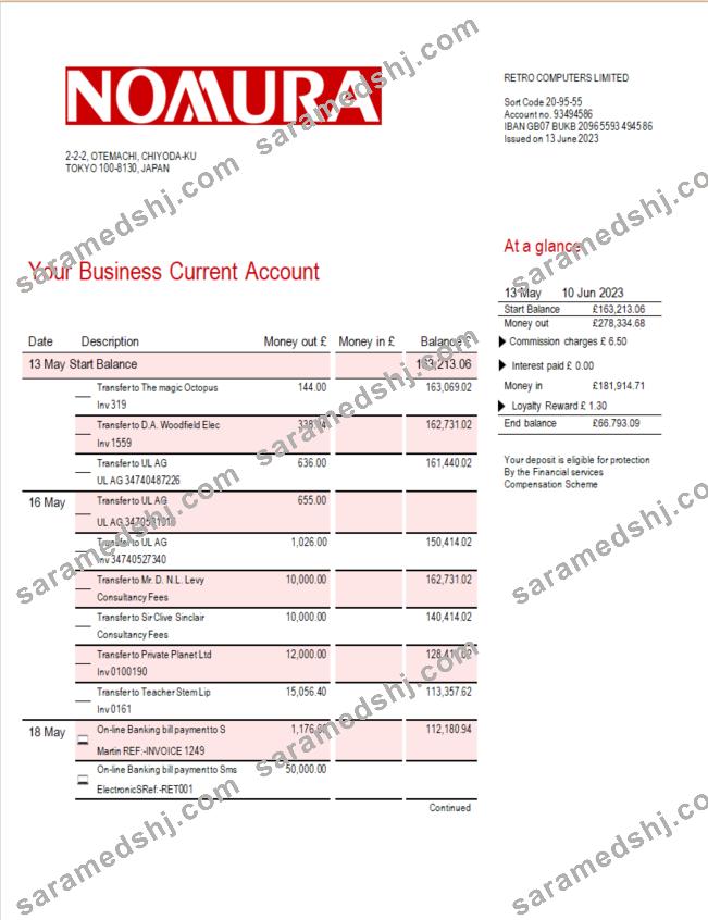Nomura Bank business statement Word and PDF template